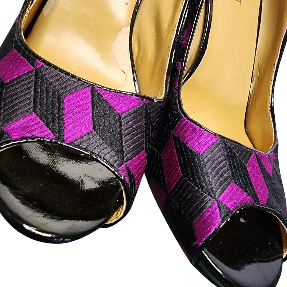 Nine West Women's Shoes, Purple & Black Fabric Peep Toe High Heel Pumps, Sz 8M